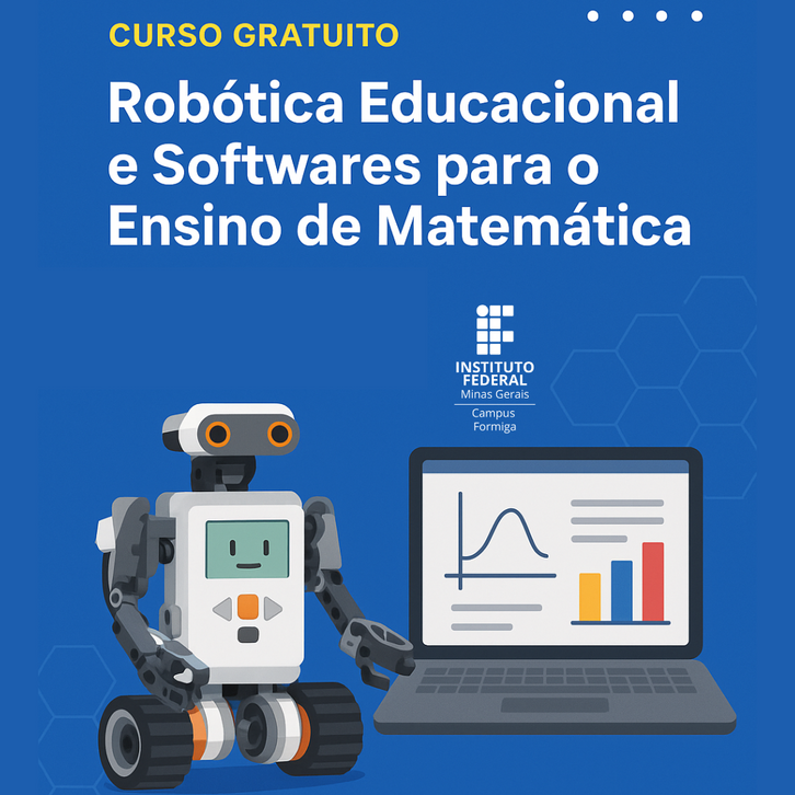 Robótica Educacional e Softwares para o Ensino de Matemática, imagem representando um robô estilo LEGO e um computador tipo notebook. 